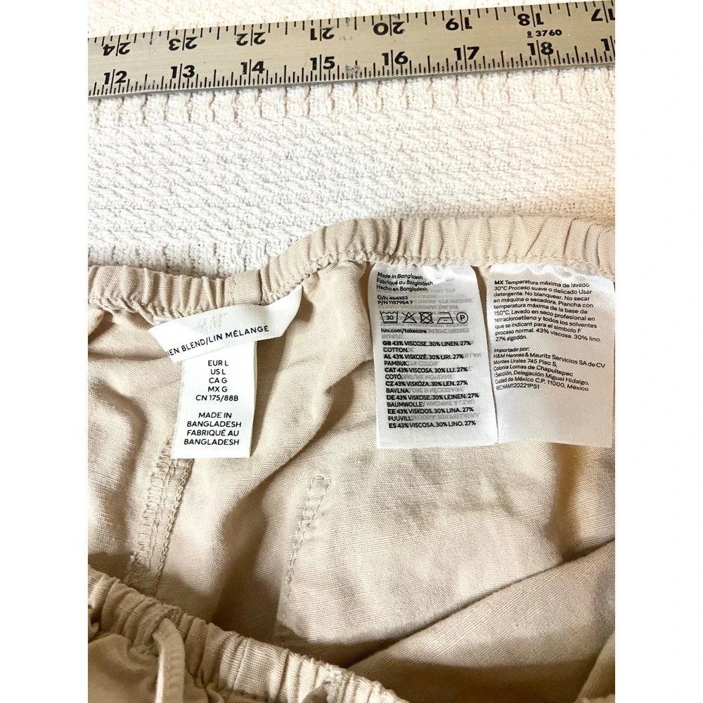 HM Linen Blend Wide Leg Pants Beige Tan Elastic Waist Drawstring Womens Large